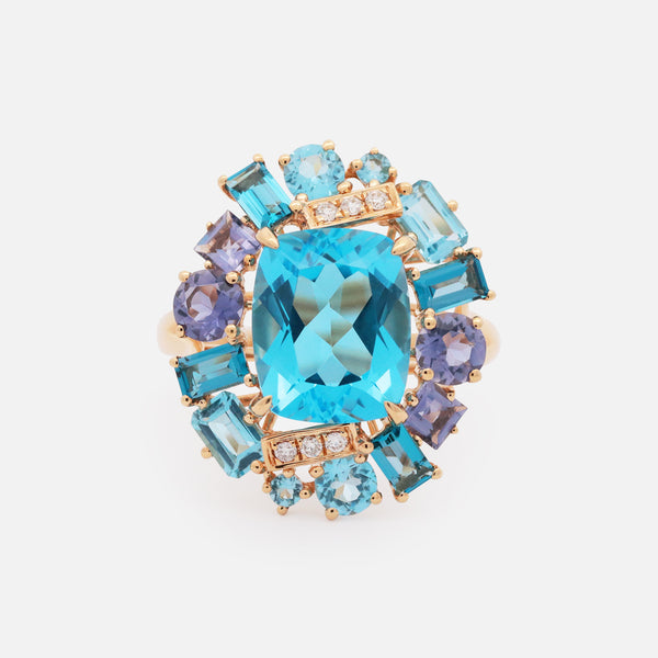 Anillo Botanical Armida Blue Oro Amarillo 18K Topacio, Iolitas y Diamantes.