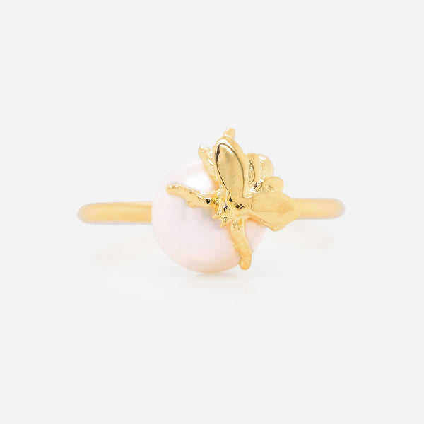 Anillo Bee Plata .925. con Chapa de Oro 14K y Perla.