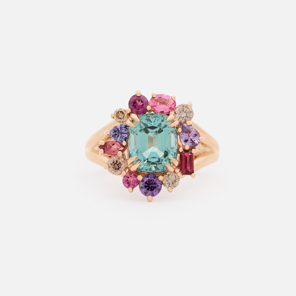 Anillo Botanical Peonia Oro Amarillo 14K con Aquamarina, Tanzanita, Amatista, Zafiro y Ópalo.
