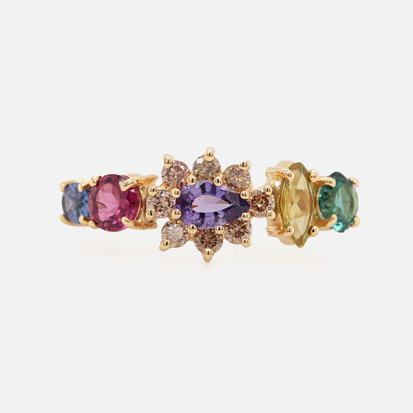Anillo Botanical Poppy Joy Oro Amarillo 14K con Zafiro, Rodolitas, Diamantes y Turmalinas.