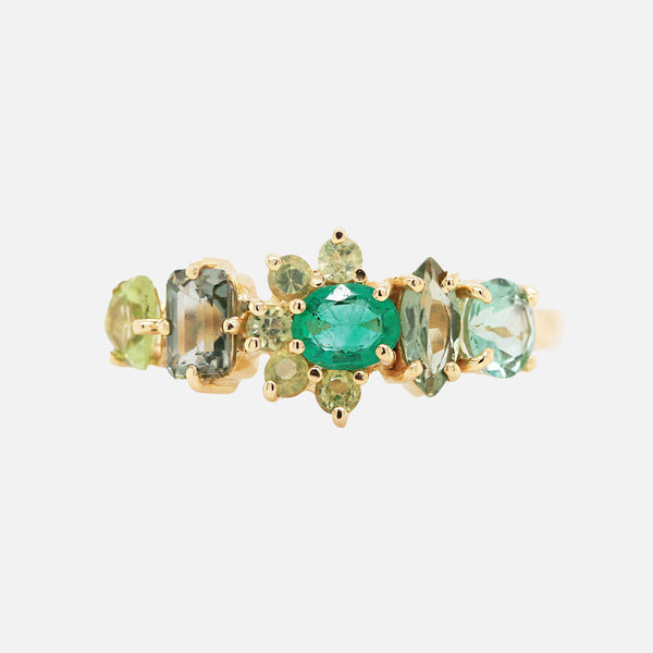 Anillo Botanical Poppy Mint Oro Amarillo 14K con Esmeraldas, Peridoto y Turmalinas.