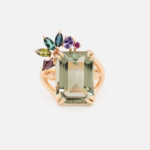 Anillo Botanical Monstera Oro Amarillo 14K con Prasiolitas, Zafiros, Turmalinas, Topacio London Blue y Granate.