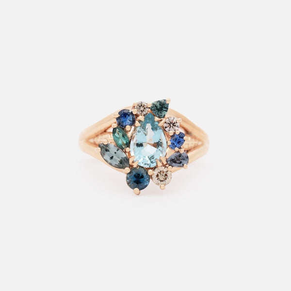 Anillo Botanical Narciso Oro Amarillo 14K con Diamantes, Zafiro, Turmalinas y Aquamarinas.