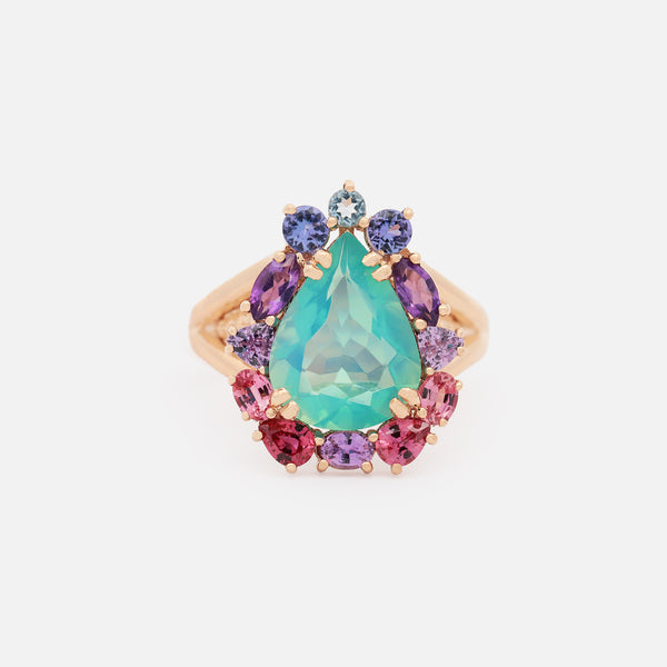 Anillo Botanical Peonia Oro Amarillo 14K con Aquamarina, Tanzanita, Amatista, Zafiro y Ópalo.