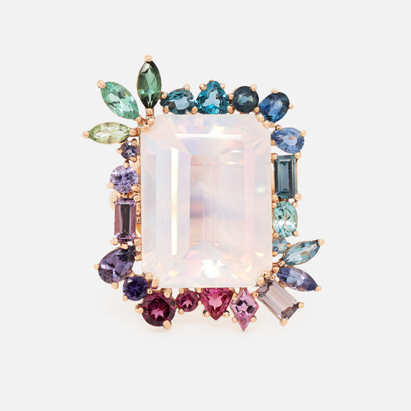 Anillo Botanical Primrose Oro Amarillo 14K con Piedra Luna, Topacio, Zafiros, Espinelas, Granates, Tanzanitas y Turmalinas.