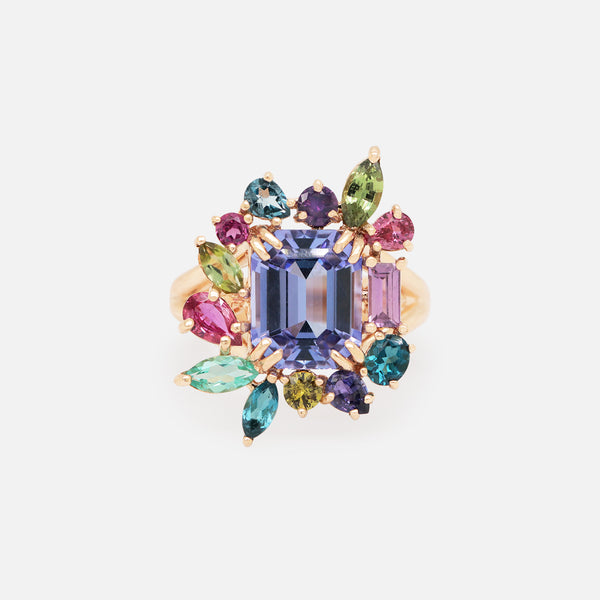 Anillo Botanical Violeta Oro Amarillo 14K con Tanzanita, Turmalina, Zafiro, Granate y Topacio London Blue.
