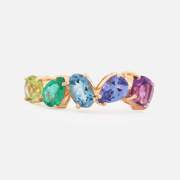 Anillo Centauro Daisy Oro Amarillo 14K con Peridoto, Esmeralda, Aquamarina, Tanzanita y Amatista.