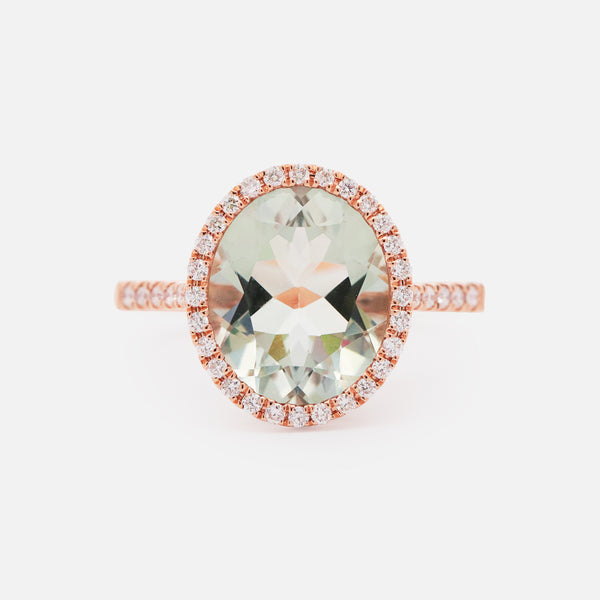 Anillo Luxe Oro Rosa 18K con Prasiolita y Diamantes.