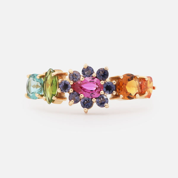 Anillo Botanical Poppy Sunset Oro Amarillo 14K con Turmalinas, Iolitas y Zafiros.
