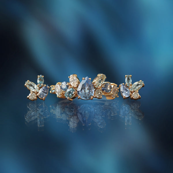 Set Aretes y Anillo Baby Blue Oro Amarillo 14K con Zafiros, Aquamarinas y Diamantes.