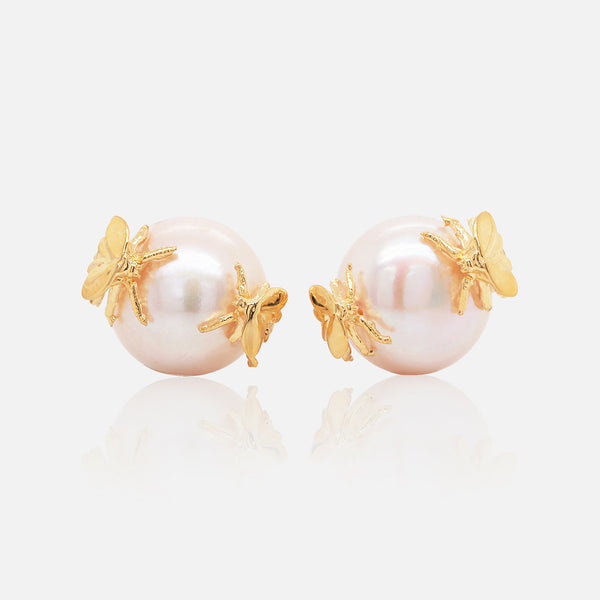 Aretes Bee Plata .925 con Chapa de Oro 14K con Perlas.