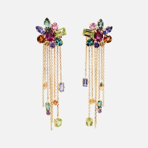 Aretes Botanical Amaranthus Oro Amarillo 14K con Granate, Turmalina, Tanzanita, Zafiro y Peridoto.