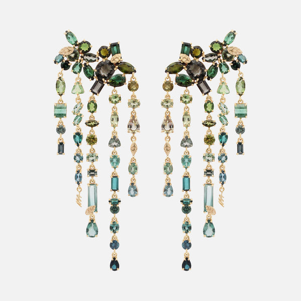 Aretes Botanical Juniper Oro Amarillo 14K con Turmalinas, Zafiros y Tanzanitas Unheated.