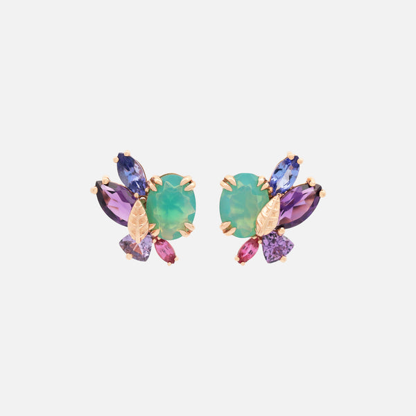 Aretes Botanical Lily Oro Amarillo 14K con Tanzanitas, Amatistas, Zafiros, Rubíes y Ópalos.