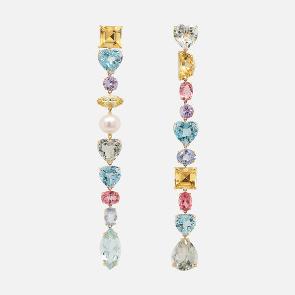 Aretes Candyland Oro Amarillo 18K con Berilos, Prasiolitas, Topacios, Tanzanitas, Zafiros y Perlas.