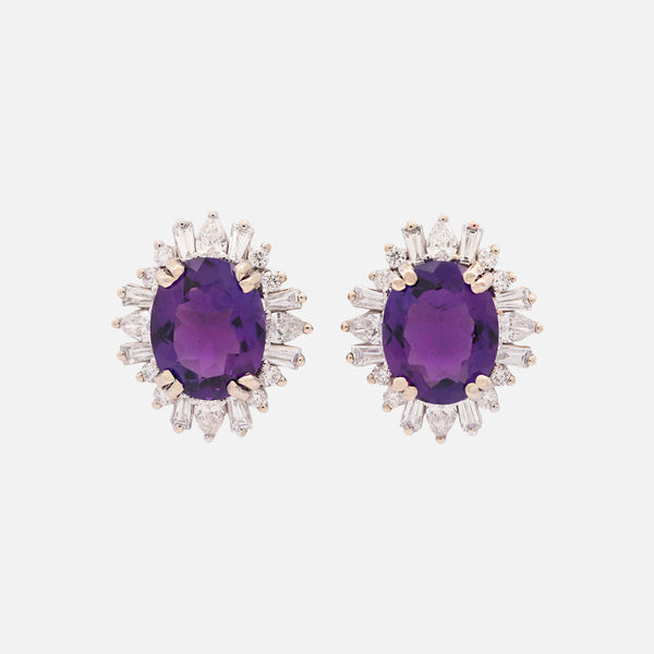 Aretes Charlotte Oro Blanco 14K con Amatistas y Diamantes.