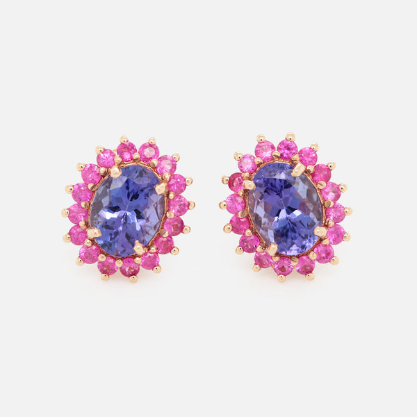 Aretes Dalia Oro Amarillo 14K con Tanzanita y Rubíes.