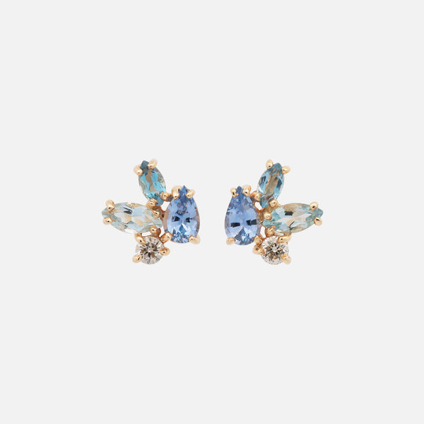 Aretes Galaxy Baby Blue Oro 14K con Zafiros, Aquamarinas y Diamantes.