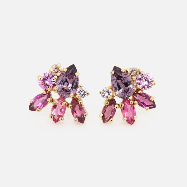 Aretes Botanical Tulip Pink Oro Amarillo 14K con Espinelas, Zafiros, Turmalinas, Granates y Diamantes Champagne.