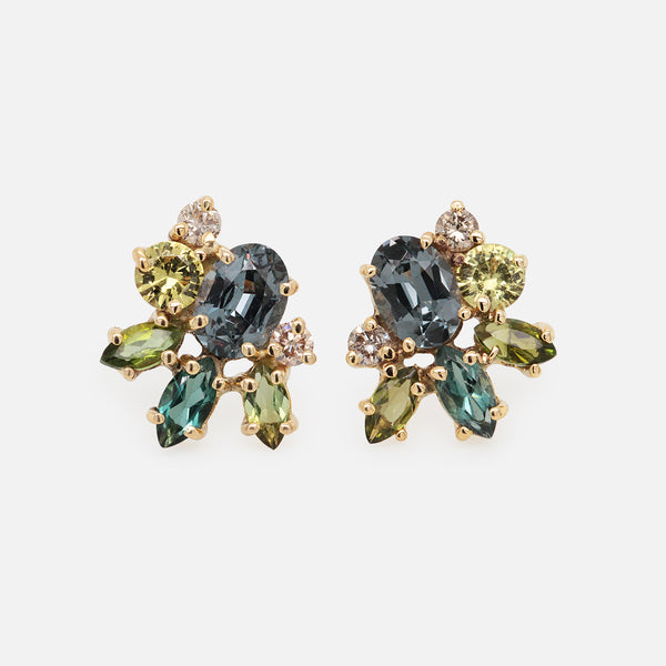 Aretes Botanical Tulip Green Oro Amarillo 14K con Tanzanitas, Turmalinas, Zafiros y Diamantes Champagne.