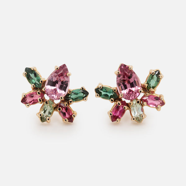 Aretes Botanical Tulip Watermelon Oro Amarillo 14K con Granates Malaya y Turmalinas.