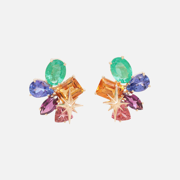 Aretes Prismatic Oro Amarillo 14K con Citrinos, Tanzanitas, Zafiros, Esmeraldas, Granates y Turmalinas.