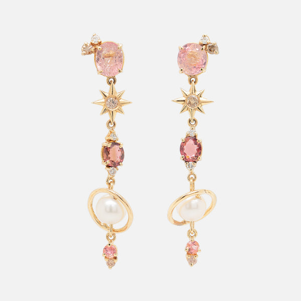 Aretes Saturn Oro Amarillo 14K con Turmalinas, Diamantes y Perlas.