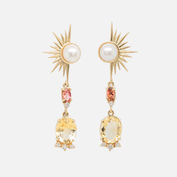 Aretes Yellow Mercury Oro Amarillo 14K con Perlas, Turmalinas, Citrinos y Diamantes.