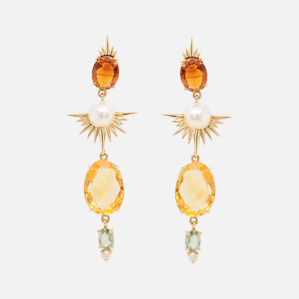 Aretes Yellow Venus Oro Amarillo 14K con Cuarzos, Perlas, Citrinos, Zafiros y Diamantes.