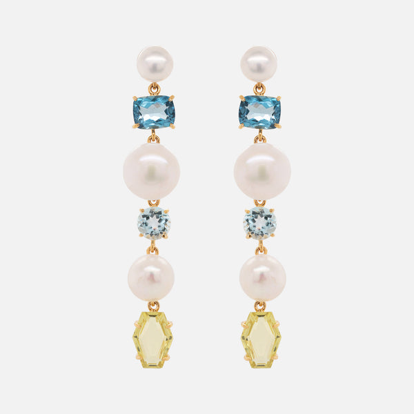 Aretes Blossom Plata .925 con Chapa de Oro 14K con Perlas, Topacios y Cuarzos Limón.