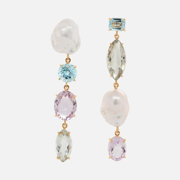 Aretes Cloud Plata .925 con Chapa de Oro 14K con Perlas, Topacios y Prasiolitas.