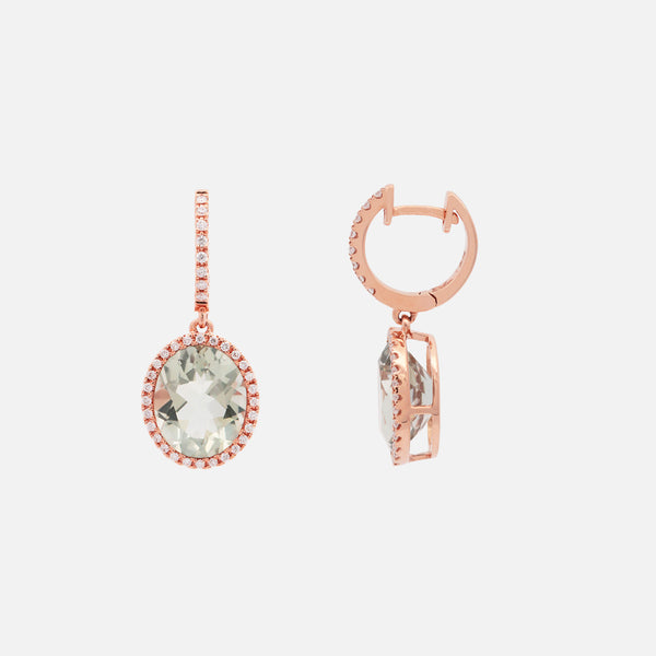 Arracadas Luxe Oro Rosa 18K con Prasiolitas y Diamantes.