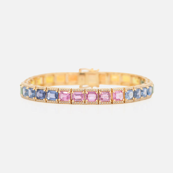 Brazalete Multicolor Oro Amarillo 18K con Zafiros en corte Octagón y Diamantes.