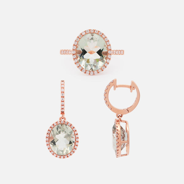 Set Anillo y Arracadas Luxe Oro Rosa 18K con Prasiolitas y Diamantes.