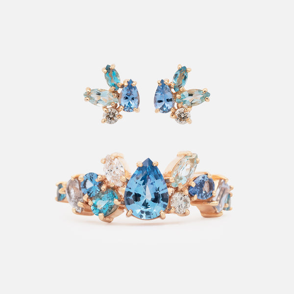 Set Aretes y Anillo Baby Blue Oro Amarillo 14K con Zafiros, Aquamarinas y Diamantes.