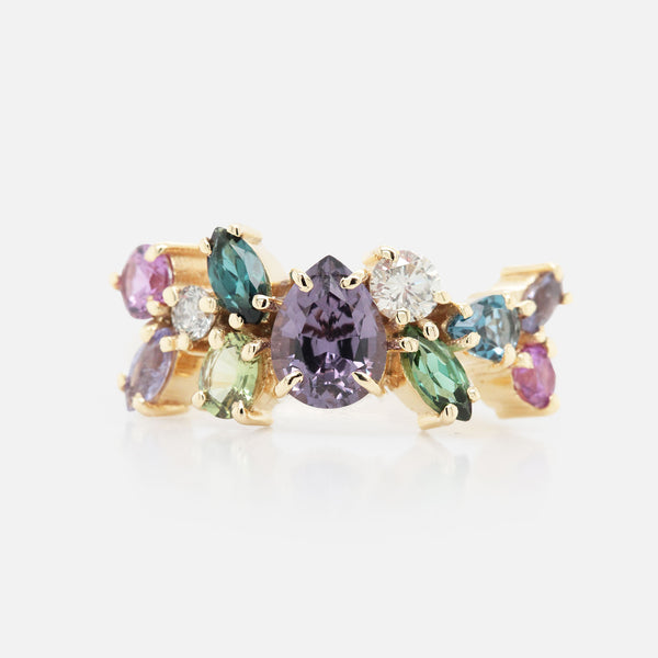 Anillo Eclipse Orchid Oro Amarillo 14K con Espinela, Zafiros, Tanzanitas, Topacio London Blue, Turmalina y Diamante.