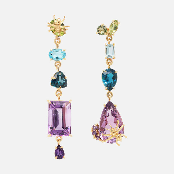Aretes Beetle Plata .925 con Chapa de Oro 14K y Peridotos, Turmalinas, Topacios y Amatistas.
