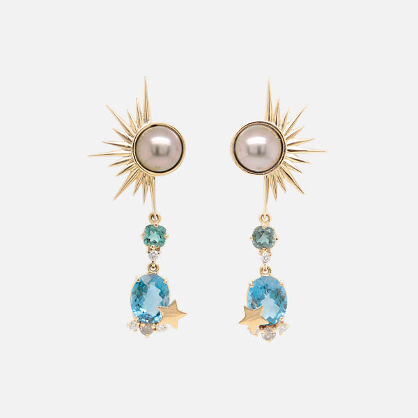 Aretes Blue Mercury Oro Amarillo 14K con Topacios, Perlas, Turmalinas y Diamantes.