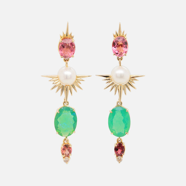 Aretes Teal Venus Oro Amarillo 14K con Turmalinas, Perlas, Ópalos y Diamantes.