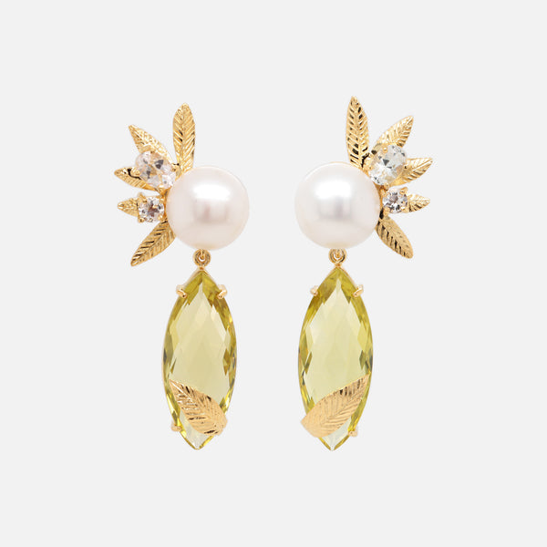 Aretes Foliage Plata .925 con Chapa de Oro 14K y Cuarzos Limón, Cuarzos Cristal y Perlas.