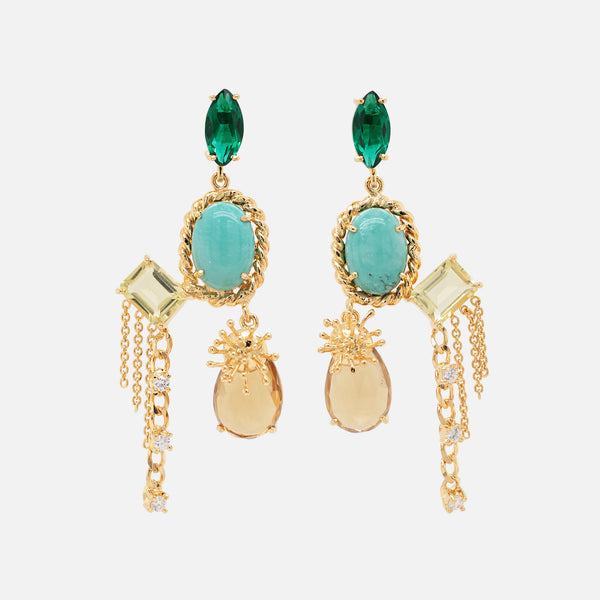 Aretes Protea Ámbar Plata .925 con Chapa de Oro 14K e Hidrocuarzos, Turquesas, Cuarzos Limón y Cuarzos Cervezas.