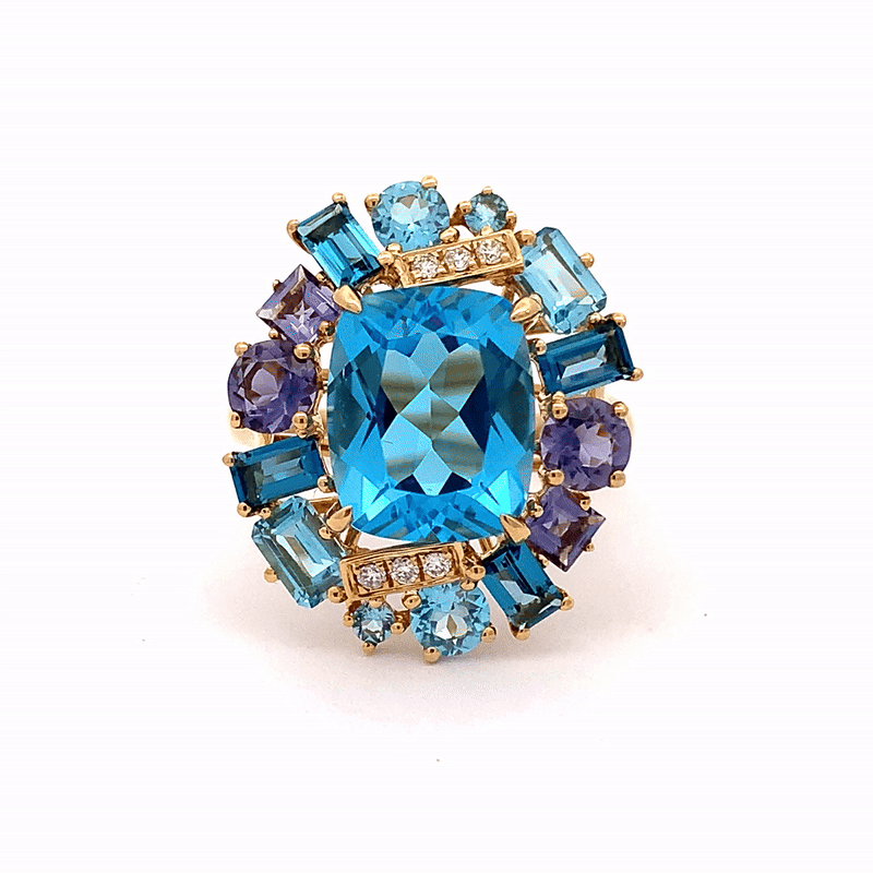 Anillo Botanical Armida Blue Oro Amarillo 18K Topacio, Iolitas y Diamantes.