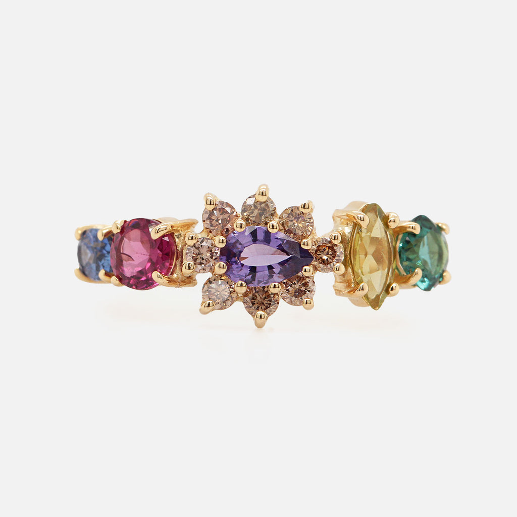 Anillo Botanical Poppy Joy Oro Amarillo 14K con Zafiro, Rodolitas, Diamantes y Turmalinas.