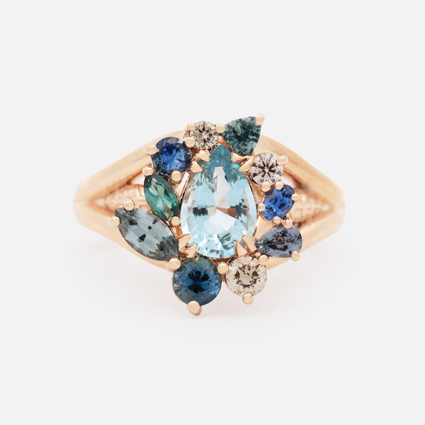 Anillo Botanical Narciso Oro Amarillo 14K con Diamantes, Zafiro, Turmalinas y Aquamarinas.