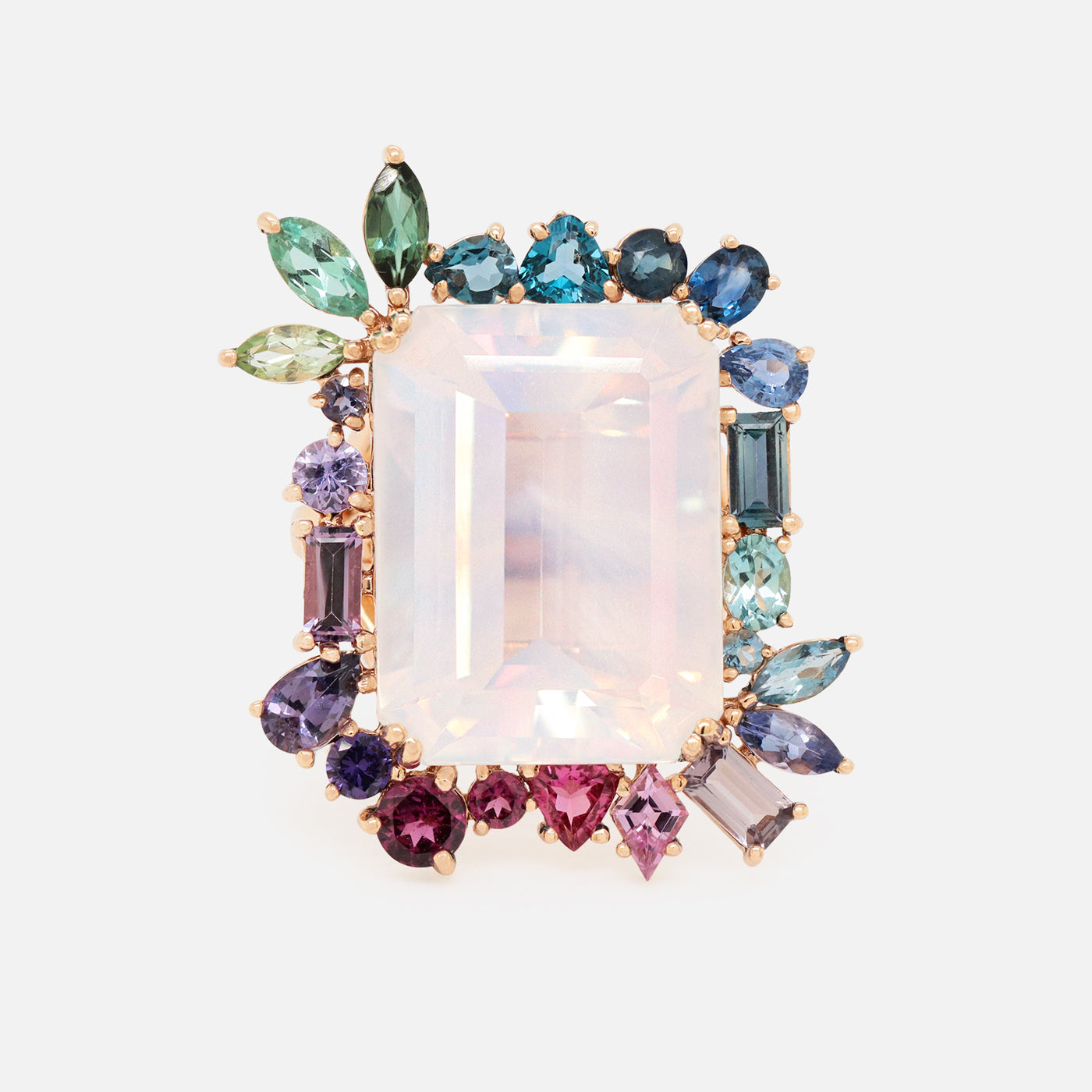  Anillo Botanical Primrose Oro Amarillo 14K con Piedra Luna, Topacio, Zafiros, Espinelas, Granates, Tanzanitas y Turmalinas.