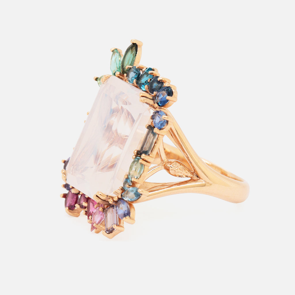  Anillo Botanical Primrose Oro Amarillo 14K con Piedra Luna, Topacio, Zafiros, Espinelas, Granates, Tanzanitas y Turmalinas.