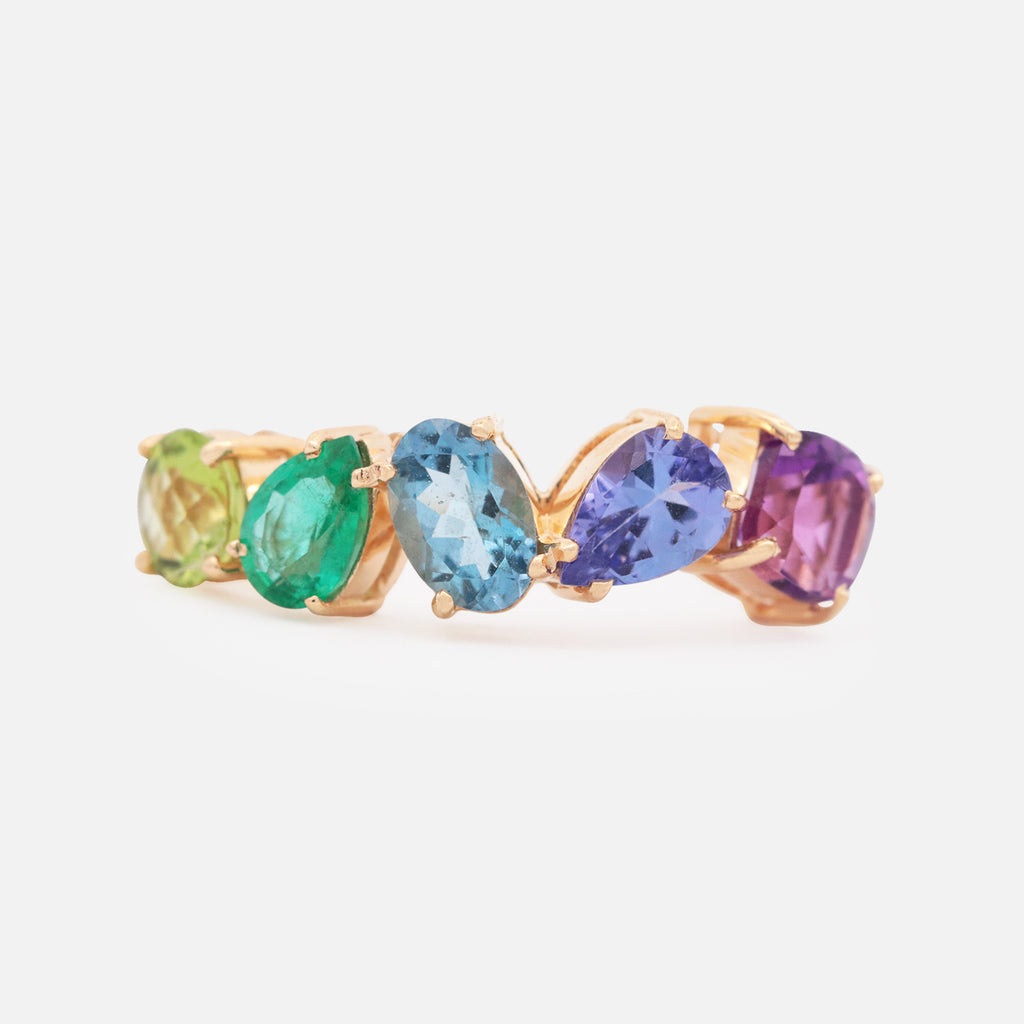 Anillo Centauro Daisy Oro Amarillo 14K con Peridoto, Esmeralda, Aquamarina, Tanzanita y Amatista.