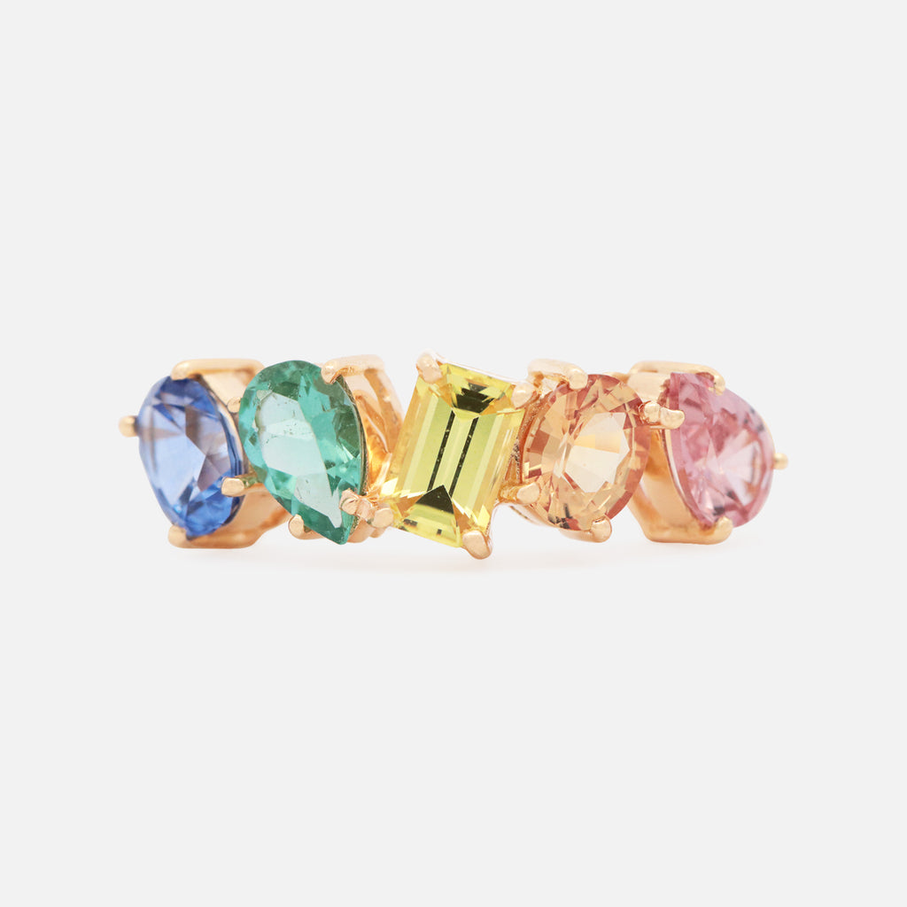 Anillo Centauro Rainbow Oro Amarillo 14K con Zafiros y Turmalina.