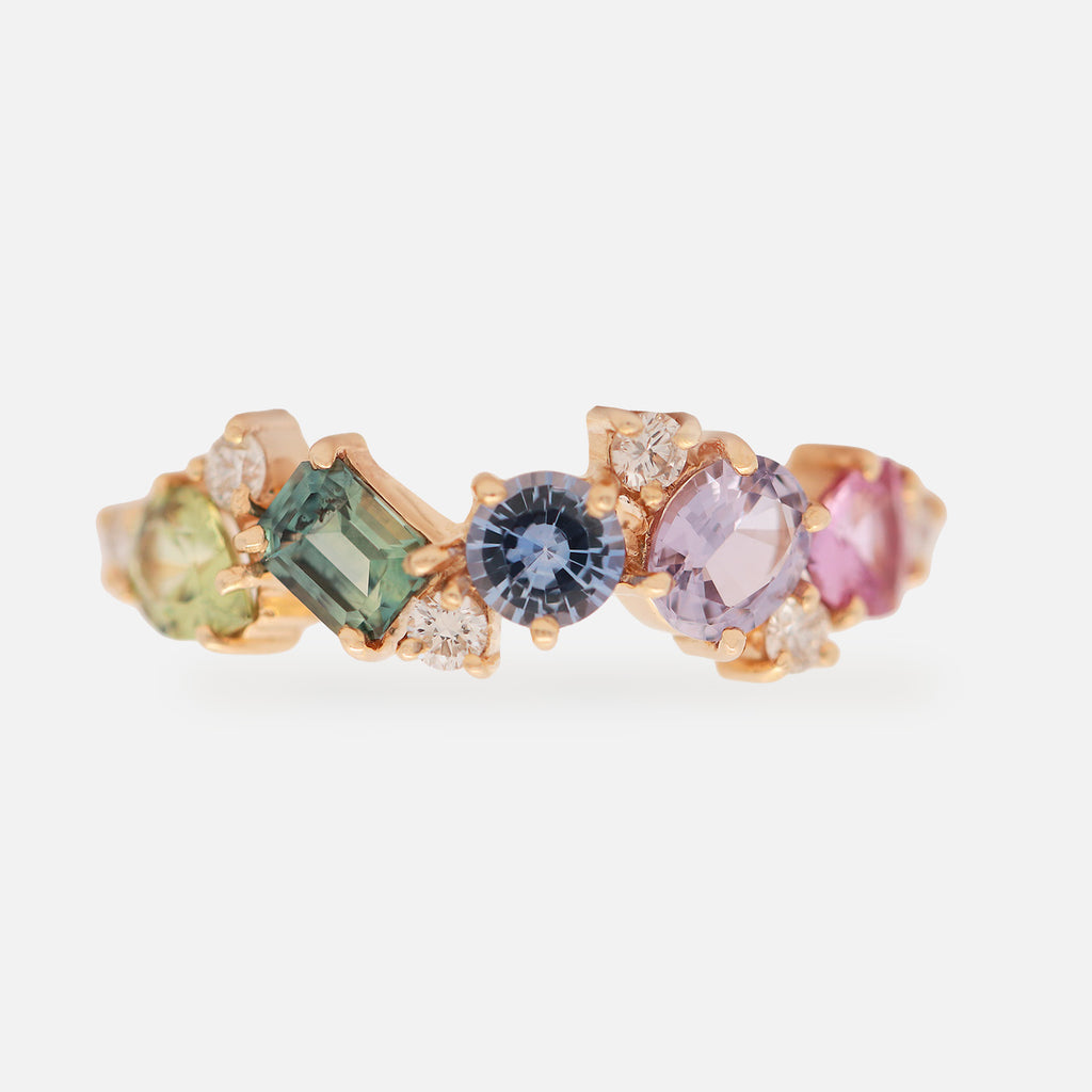 Anillo Cluster Aurora Oro Amarillo 14K con Zafiro y Diamantes.
