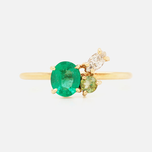 Anillo Galaxy Emerald Green Oro Amarillo 14K con Esmeralda, Diamante y Turmalina.